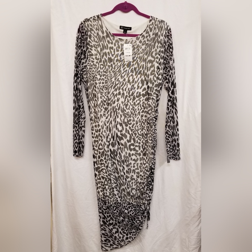 INC INTERNATIONAL CONCEPTS Leopard Print Mesh Overlay Ruched Dress - Picture 5 of 8